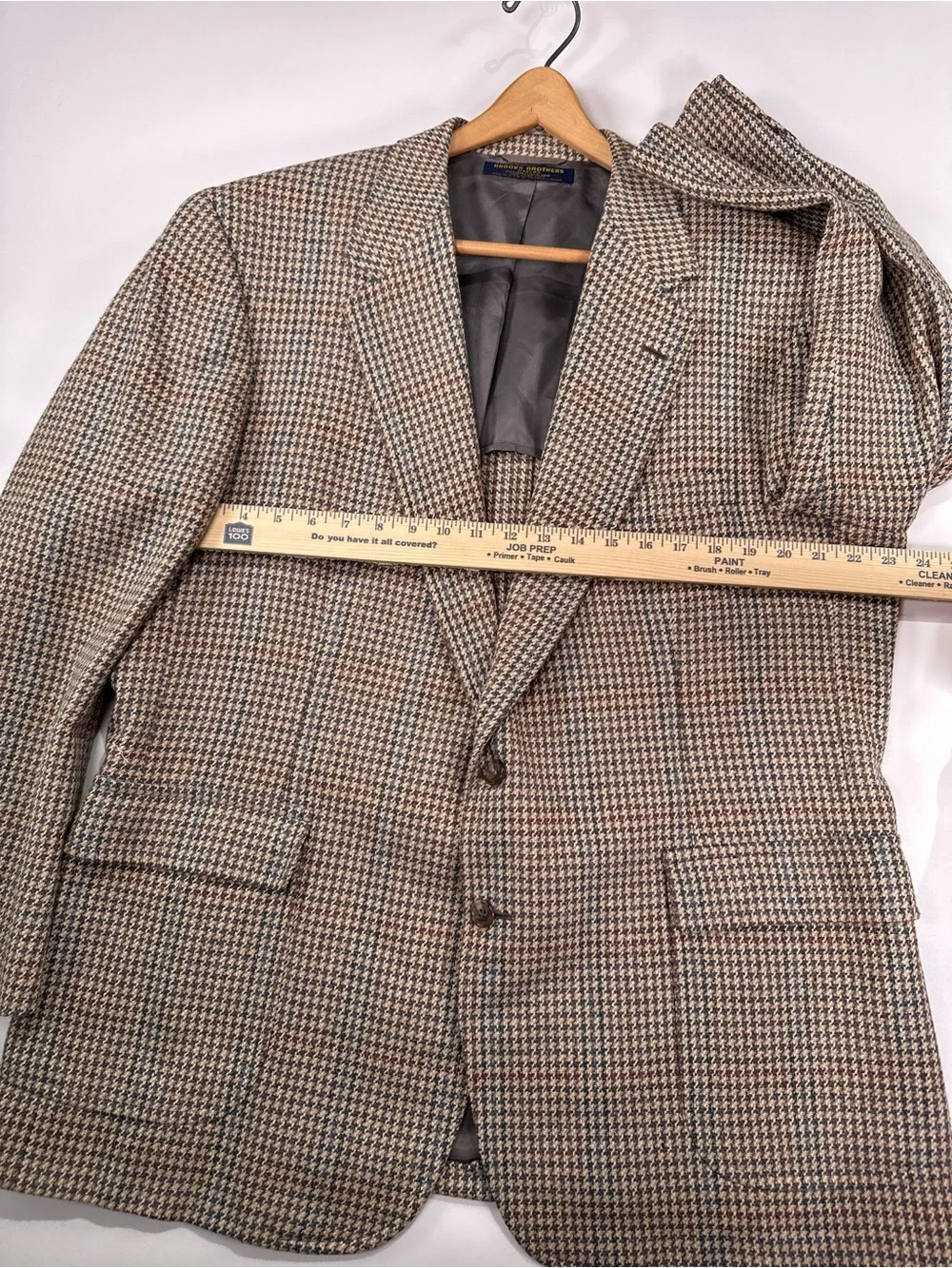 Brooks Brothers Blazer Vintage Silk Wool Houndstooth Plaid Brown Blue 46R